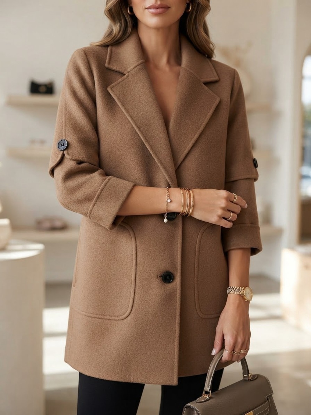 100% Wool M Camel Pea Coat with Notch Lapel